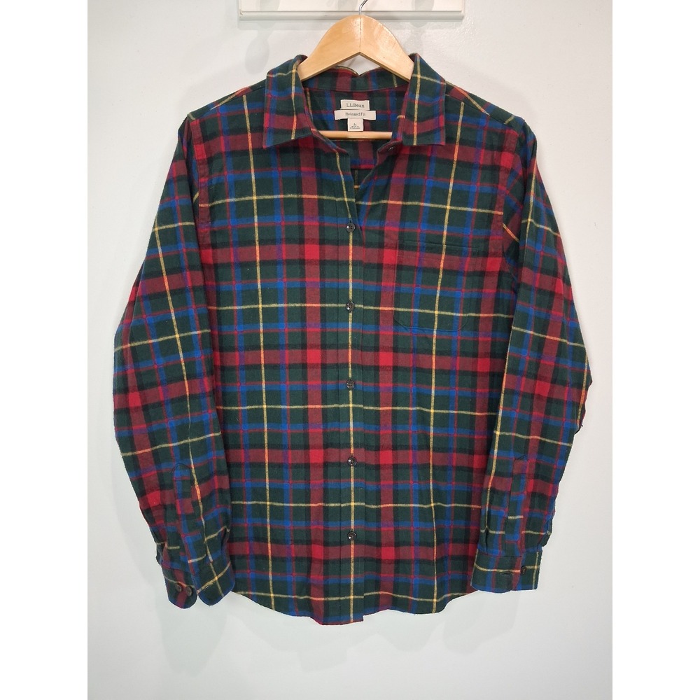 LL Bean Relaxed Fit Flannel Shirt Womens Large Red Green Plaid Cotton 273137